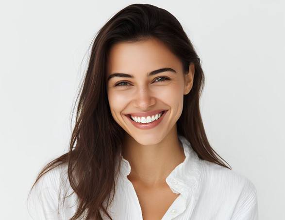 Smiling young woman with perfect teeth wearing white blouse